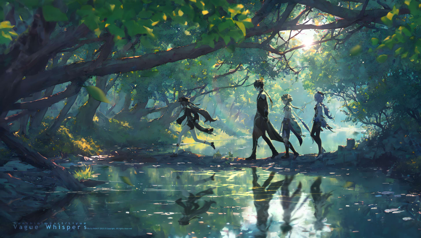 Anime 5888x3328 anime Genshin Impact anime girls anime boys water reflection trees leaves Hu Tao (Genshin Impact) Zhongli (Genshin Impact) Xiao (Genshin Impact) Ganyu (Genshin Impact)